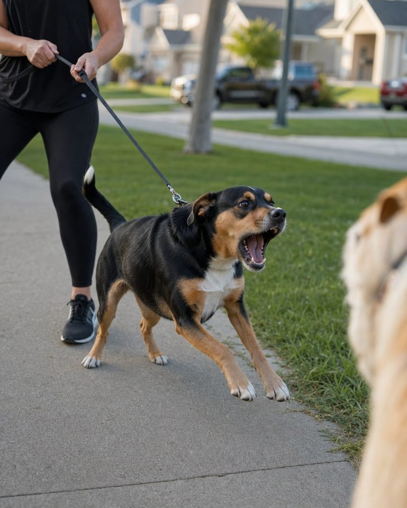 A dog lunging and barking on a leash